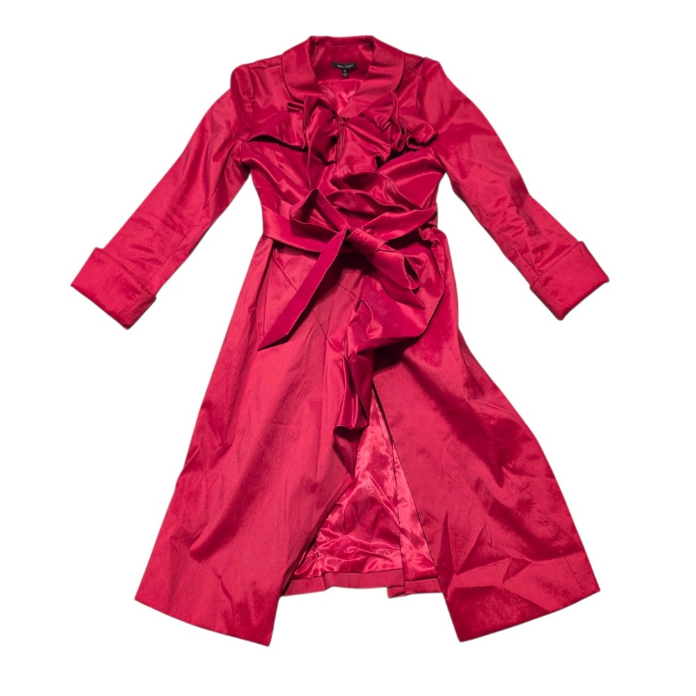 Samuel Dong Red Ruffle‎ Belted Trench Coat XS Petite Taffeta Dressy